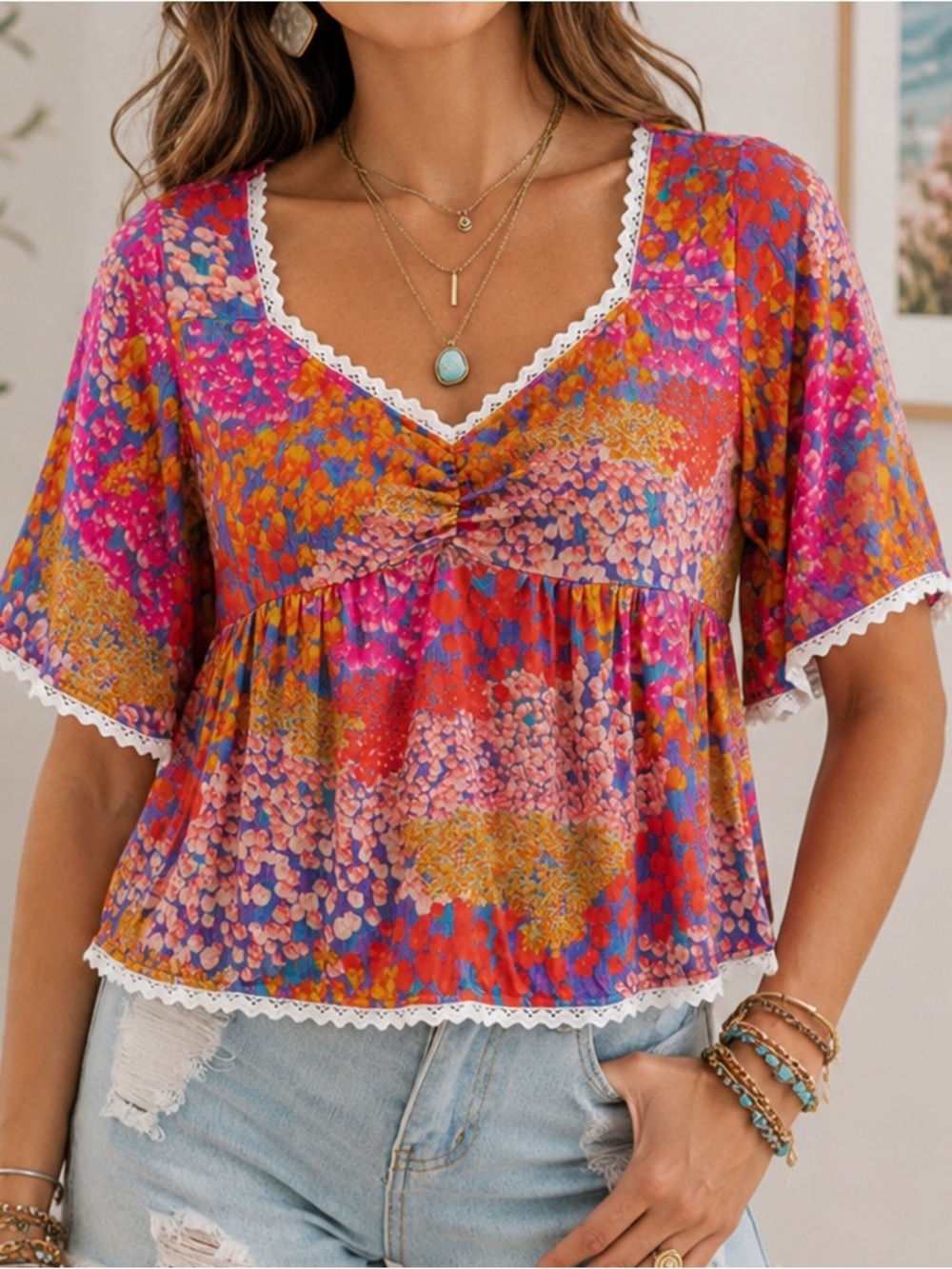 Rusttydustty Pink Floral Boho Blouse Large Lace Trim Peasant Top - Picture 1 of 6